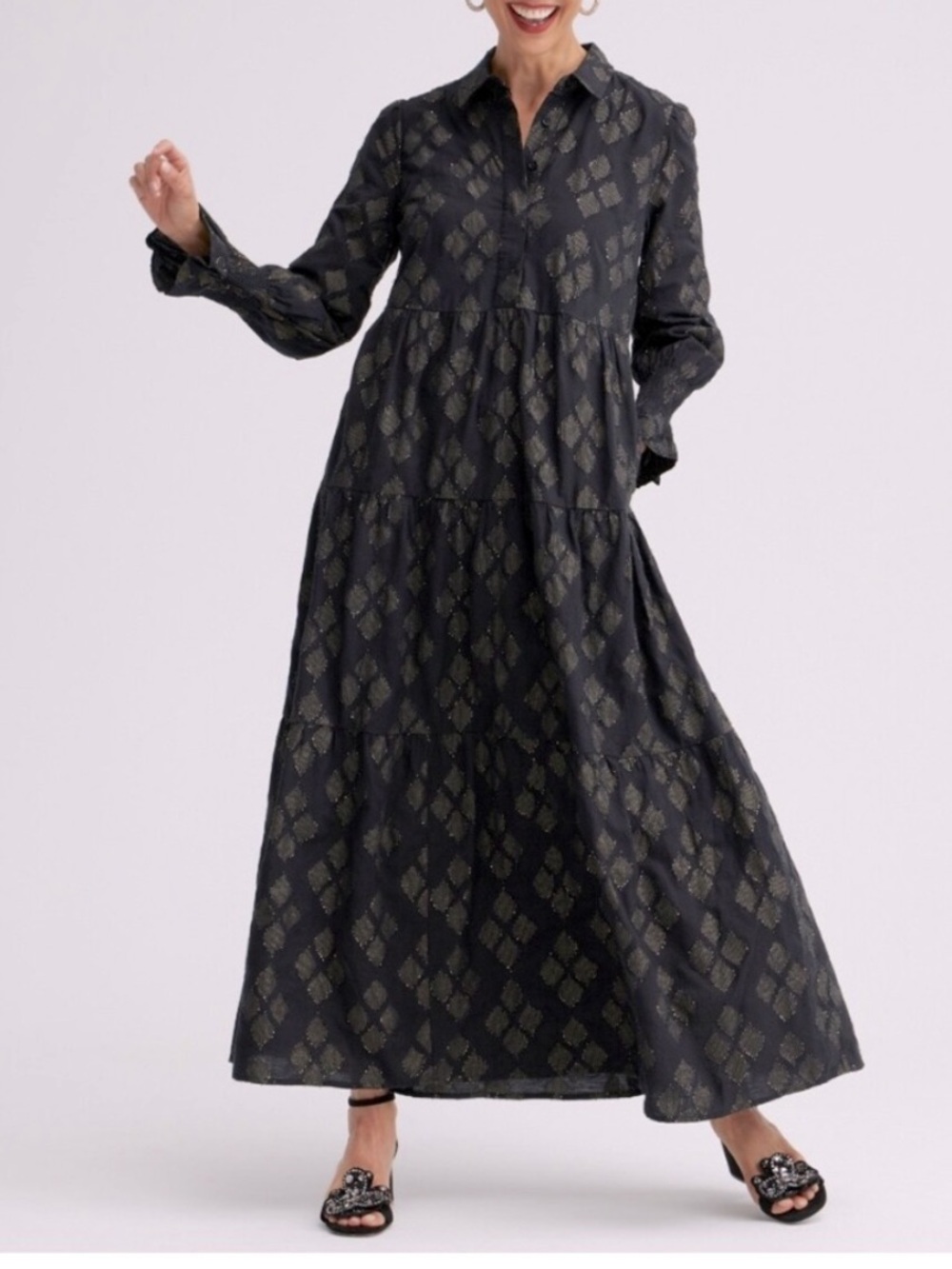Chico's Black & Gold Lurex Tiered Shirt Maxi Dress